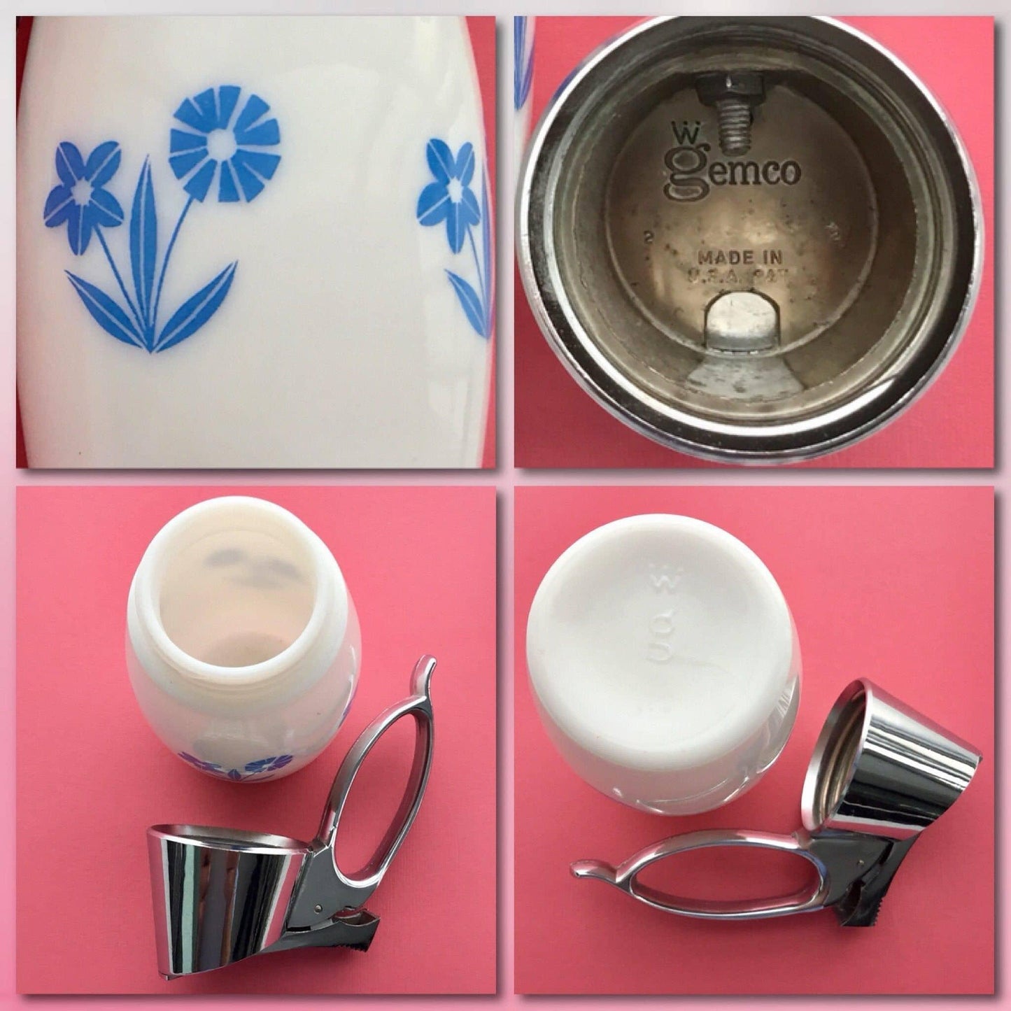 Gemco blue cornflower syrup dispenser chrome top, vintage kitchenware