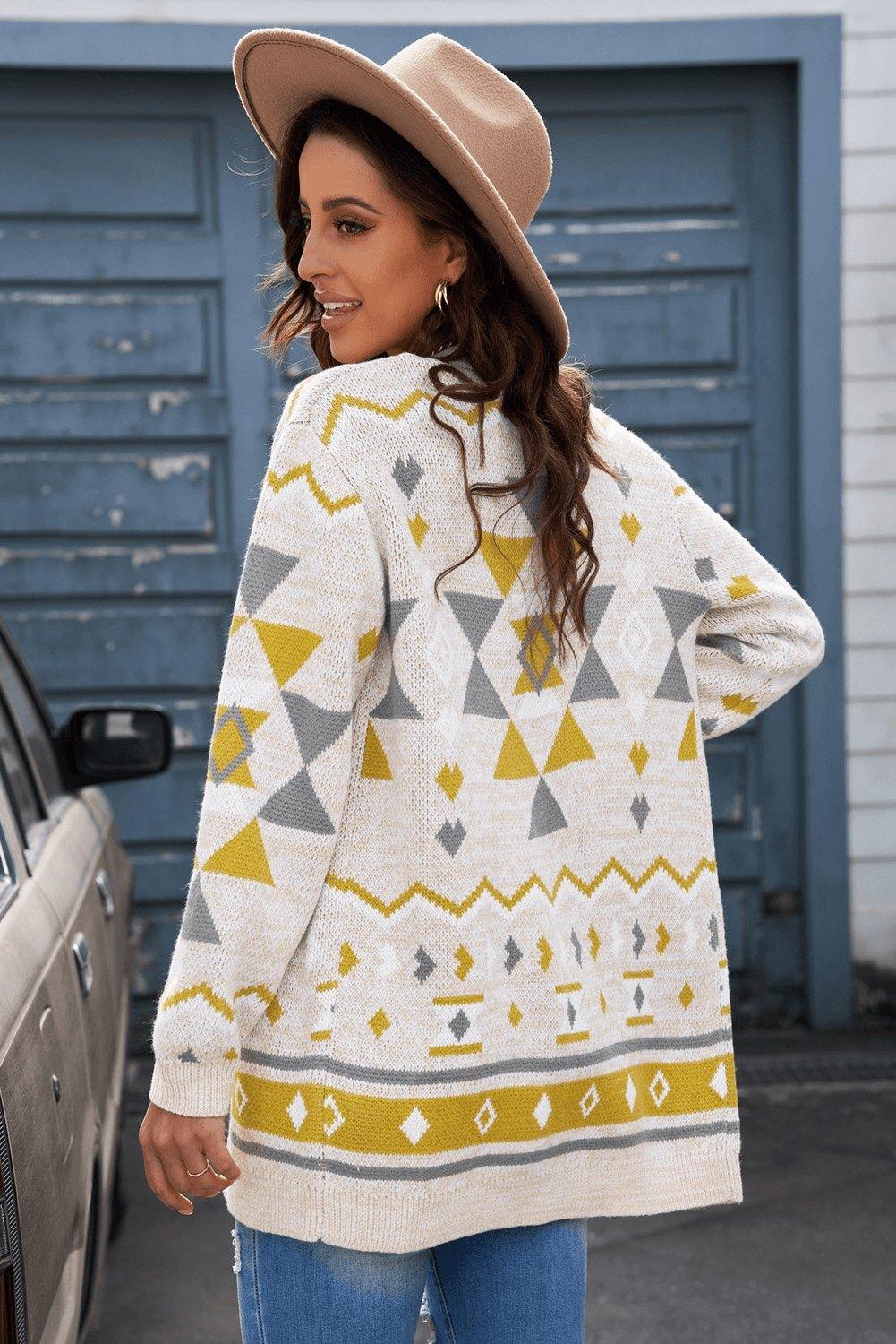 Geometric Print Open Front Knitted Cardigan
