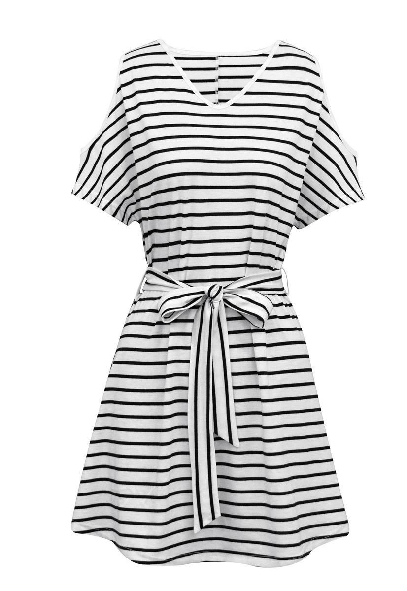 Get Noticed in This Striped V-Neck Cold Shoulder Mini Dress with Belt