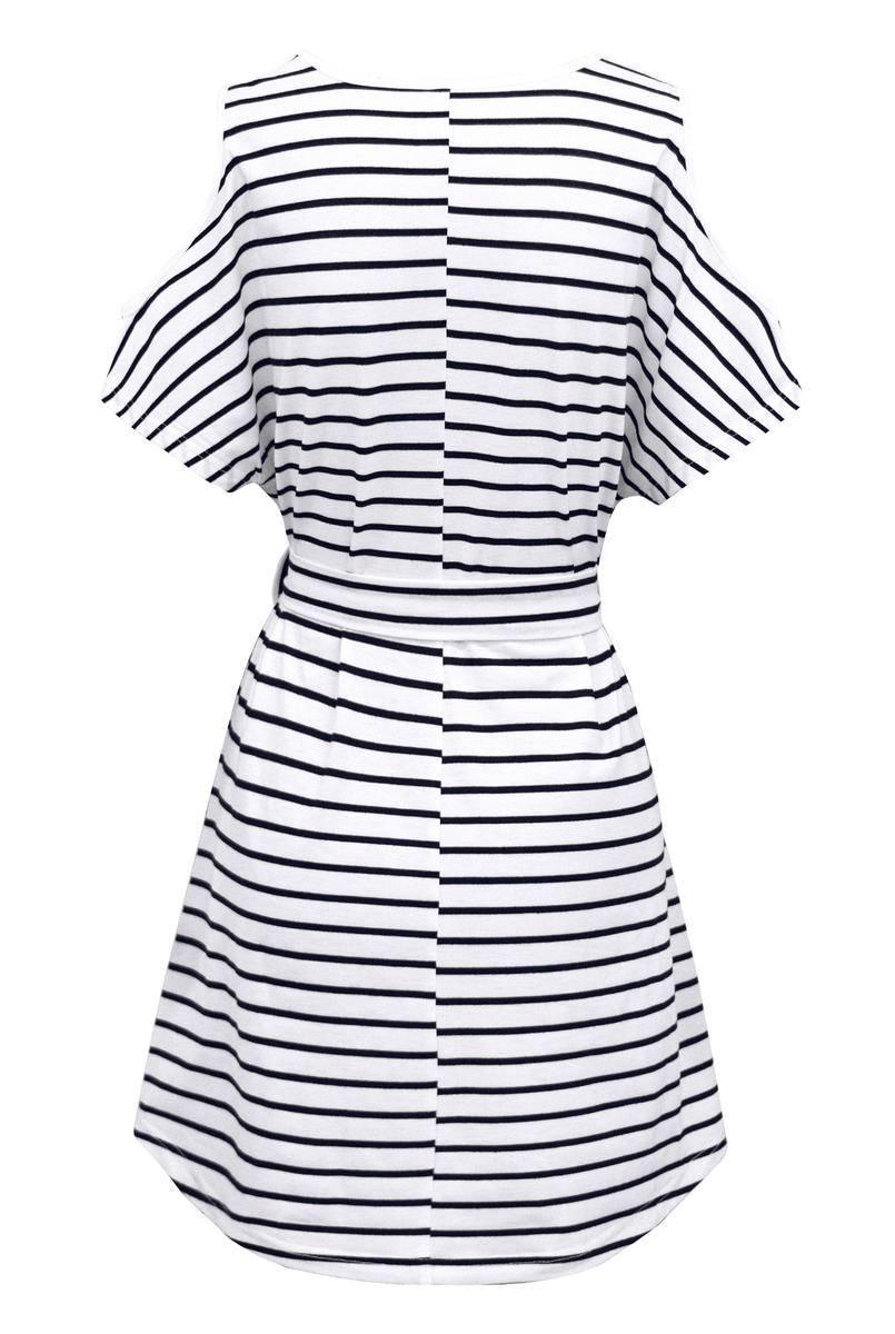 Get Noticed in This Striped V-Neck Cold Shoulder Mini Dress with Belt