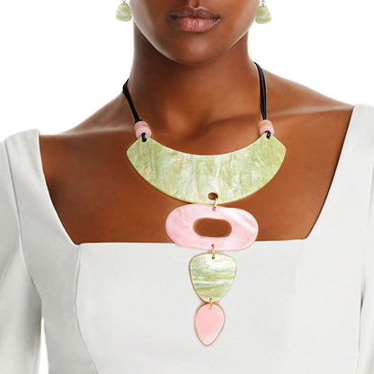 Get Noticed: Unique Pink Green Drop Collar Necklace Set