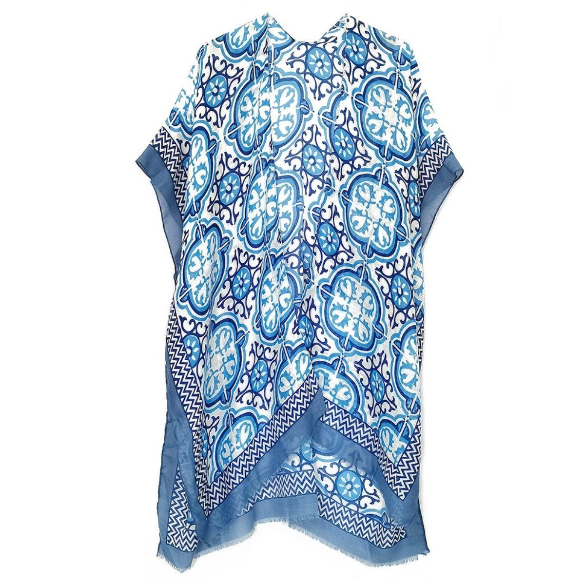 Get Ready for the Beach with this Stylish Blue Tile Print Kimono Cover