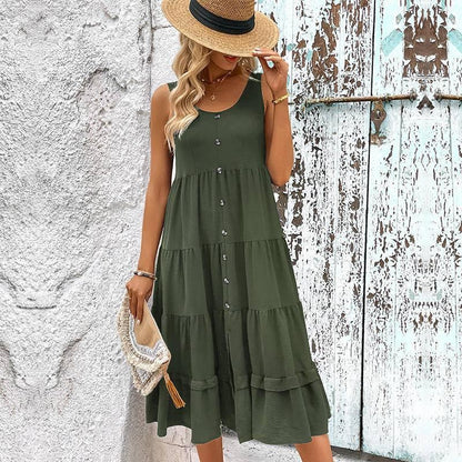 Get Summer-Ready with Our Sleeveless Buttoned Midi Dress