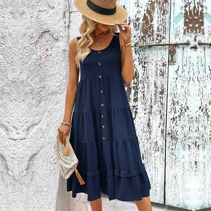 Get Summer-Ready with Our Sleeveless Buttoned Midi Dress