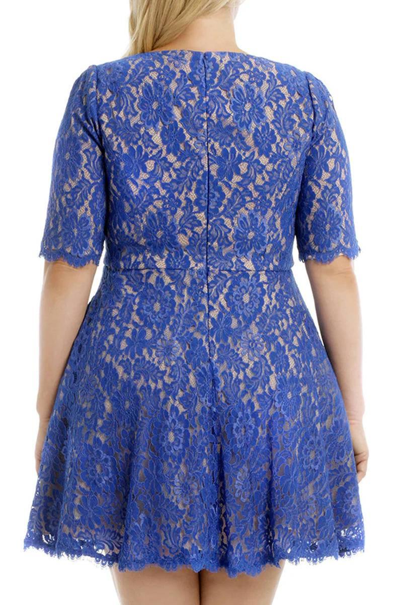 Get Your Plus-Size Skater Dress Fix with Our Floral Blue Lace Nude Dress!