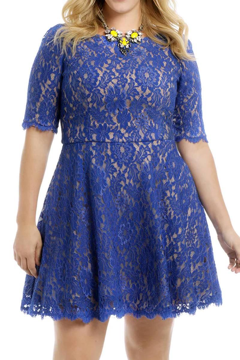 Get Your Plus-Size Skater Dress Fix with Our Floral Blue Lace Nude Dress!