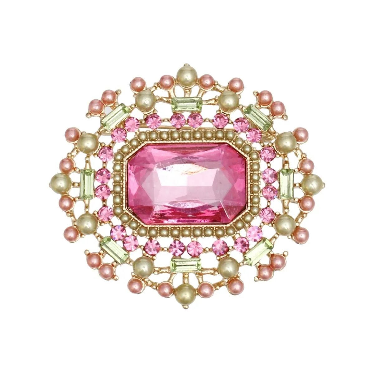 Vintage Inspired Brooch Pink Crystal Oval Statement Pin | Fashion Jewelry