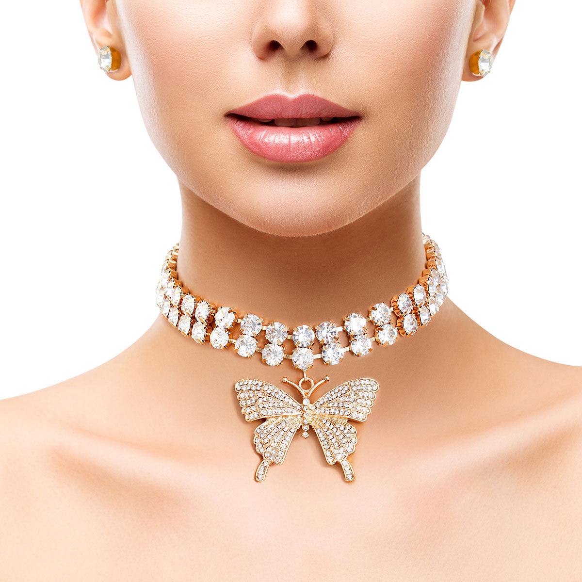 Glam Up Your Look w/ a Sparkly Gold Butterfly Choker Necklace