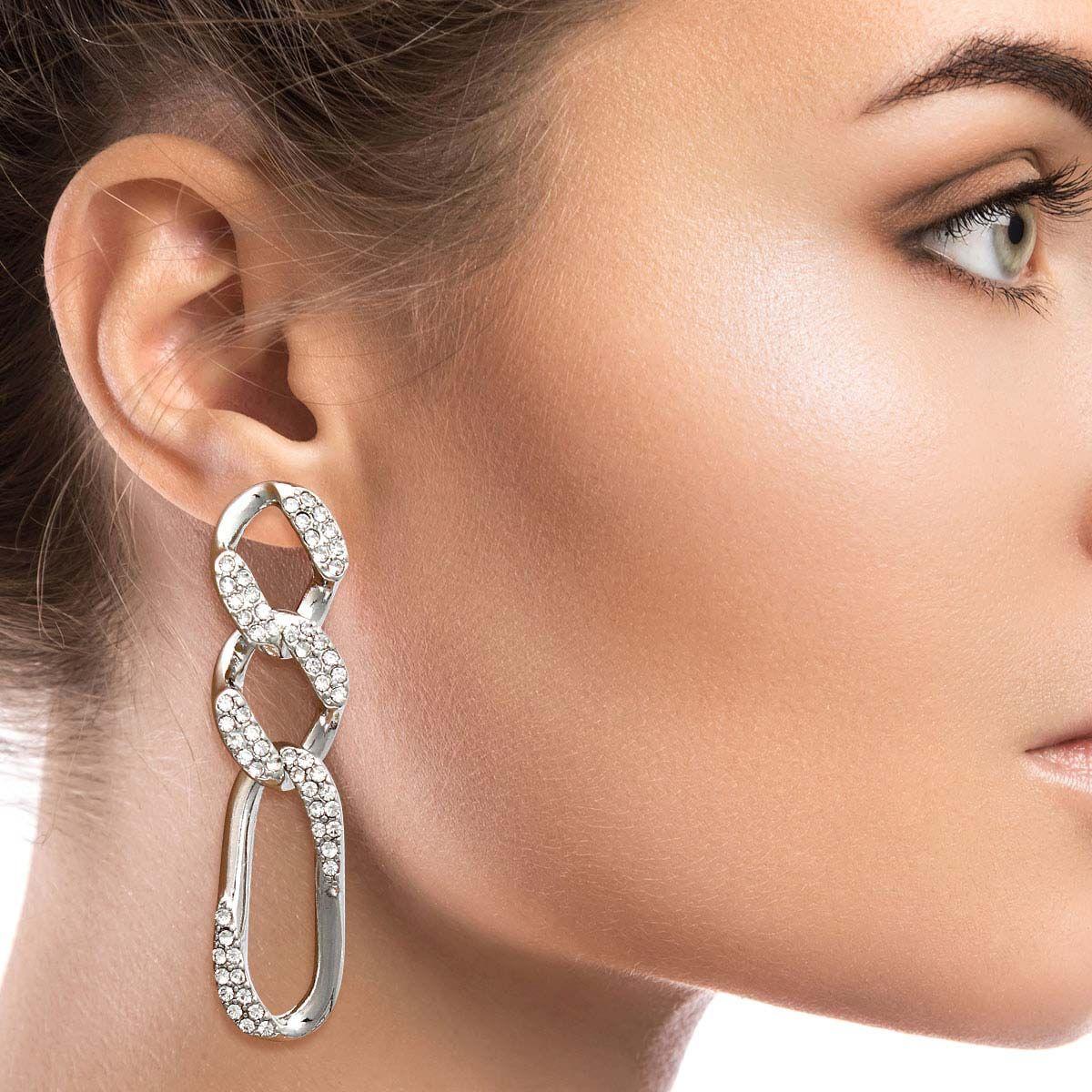 Glamorous Rhinestone Silver-Plated Chain Link Earrings - Shop Now!