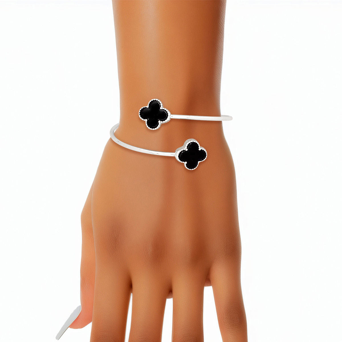 Adjustable Silver Bracelet Black Quatrefoil Clover Wire By-Pass