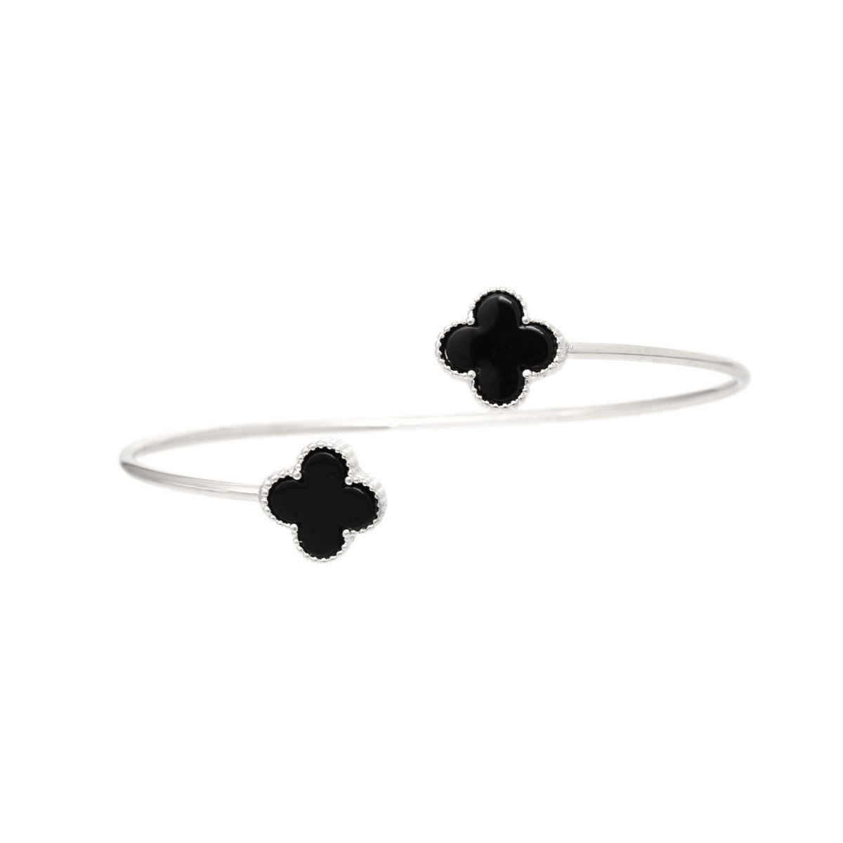Adjustable Silver Bracelet Black Quatrefoil Clover Wire By-Pass