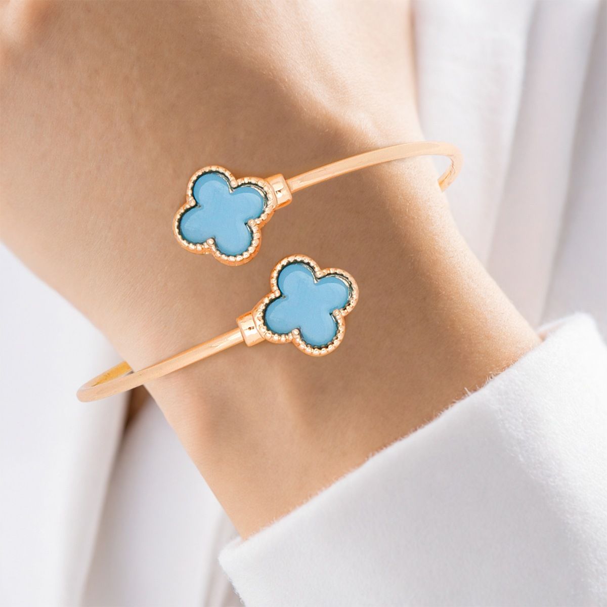 Gold Clover Bypass Bracelet Blue Quatrefoil Adjustable Fit | Fashion Jewelry