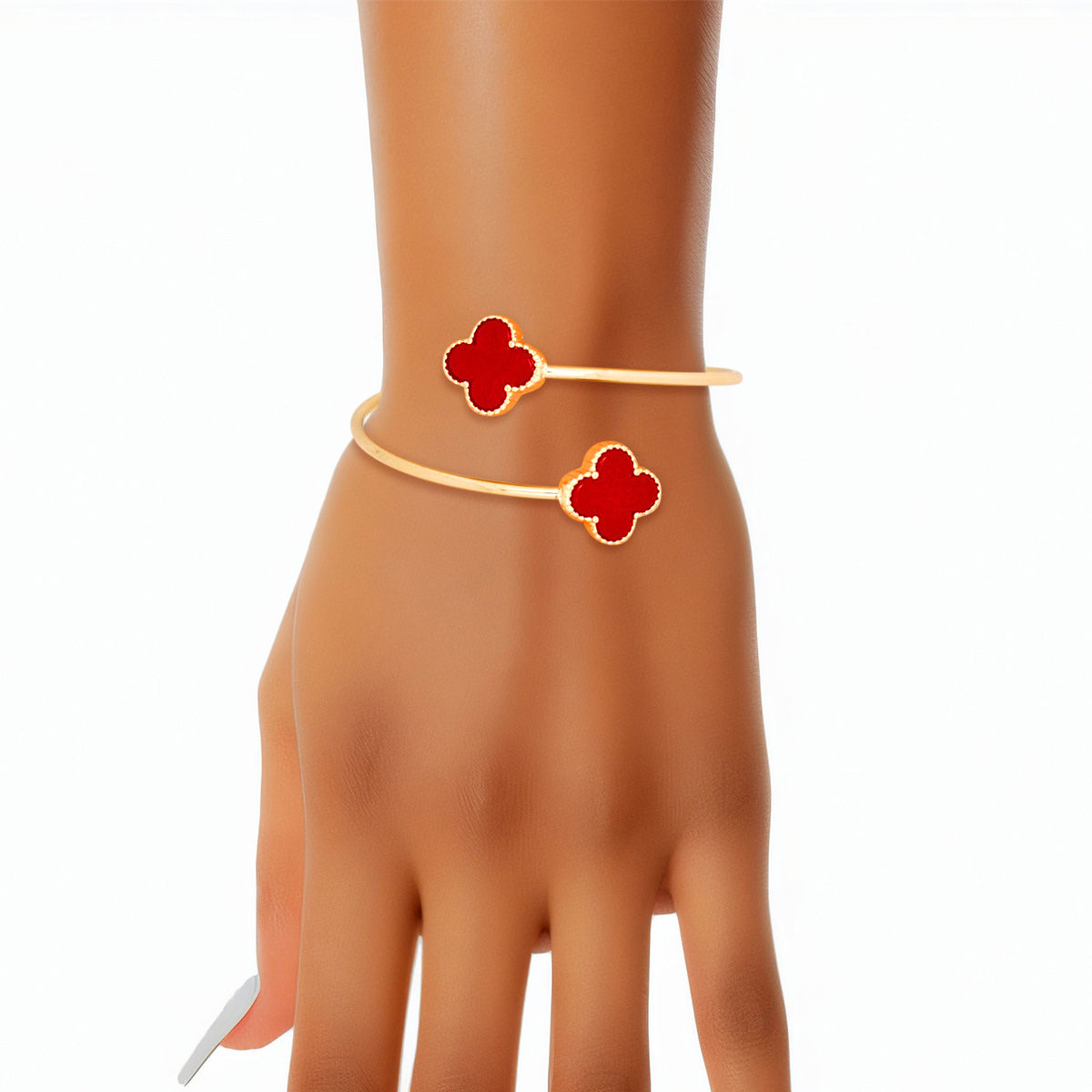 Gold Clover Bypass Bracelet Red Quatrefoil Adjustable Fit | Fashion Jewelry