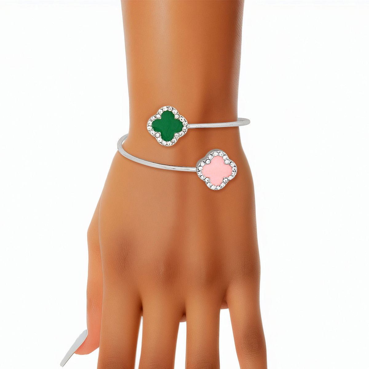 Bypass Dual Clover Bangle: Green and Pink Open Cuff Bracelet with Rhinestone Accents for Women