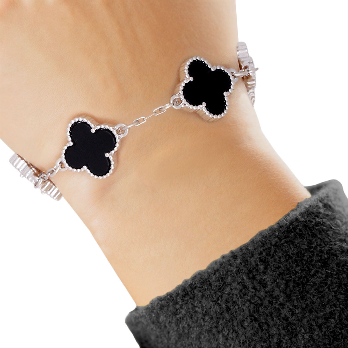 Dainty Silver Chain Bracelet Black Clovers | Fashion Jewelry