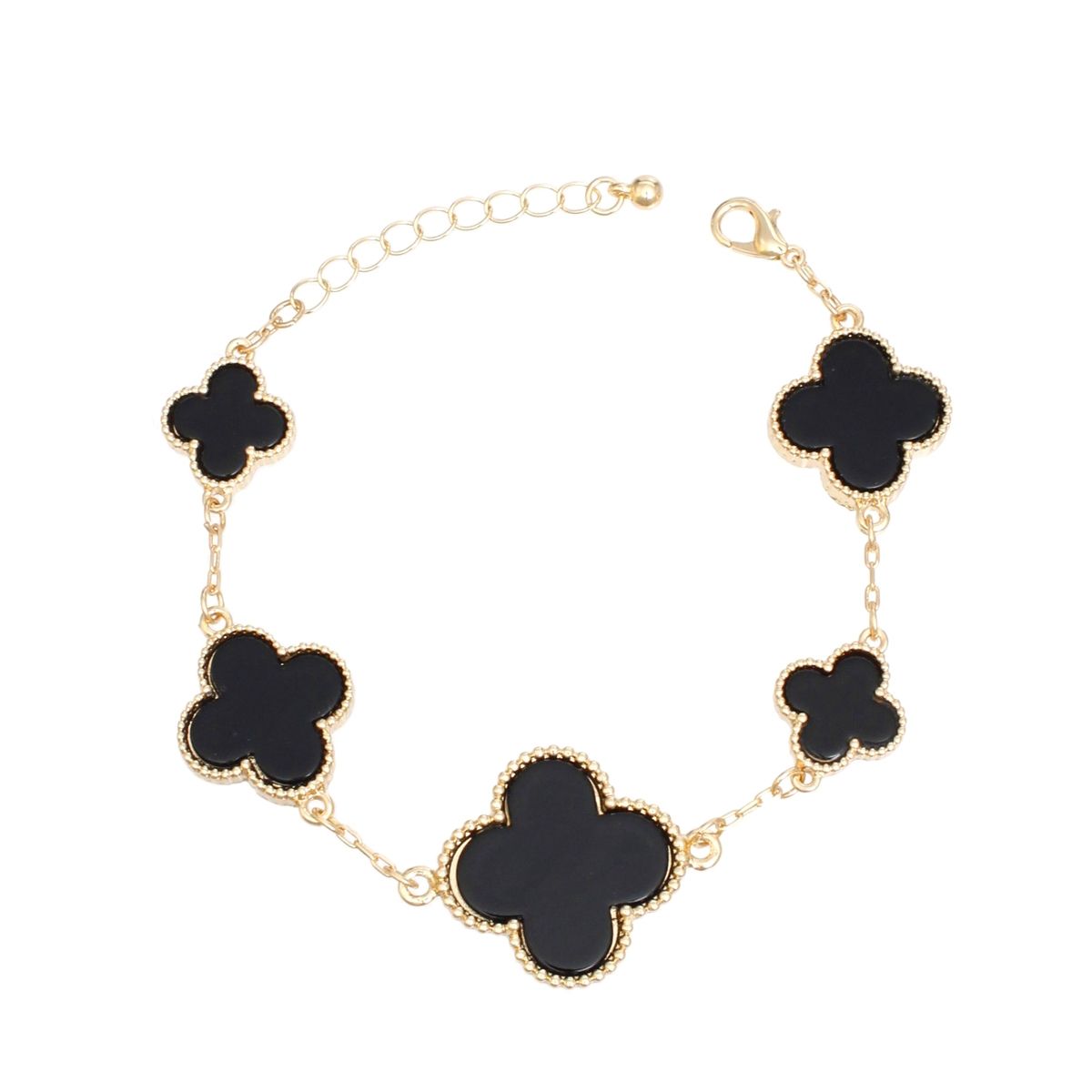 Dainty Gold Chain Bracelet Black Quatrefoil Clover Stations