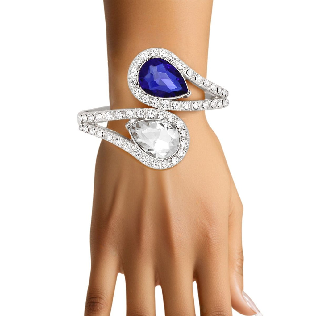 Royal Blue and Clear Teardrop Crystal Cuff Bracelet – Silver Tone, Rhinestone Detail, Lead & Nickel Free Pinktown