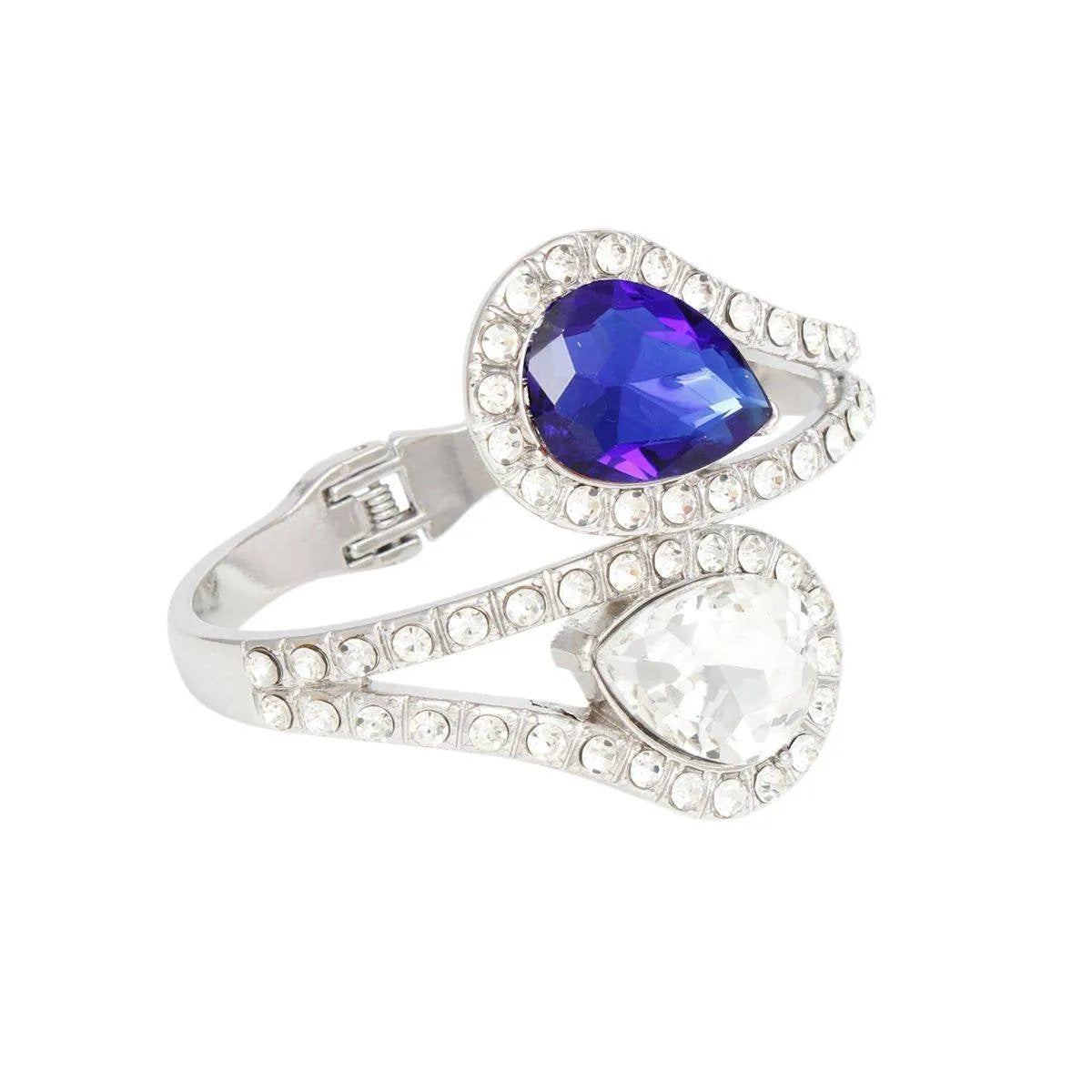 Royal Blue and Clear Teardrop Crystal Cuff Bracelet – Silver Tone, Rhinestone Detail, Lead & Nickel Free