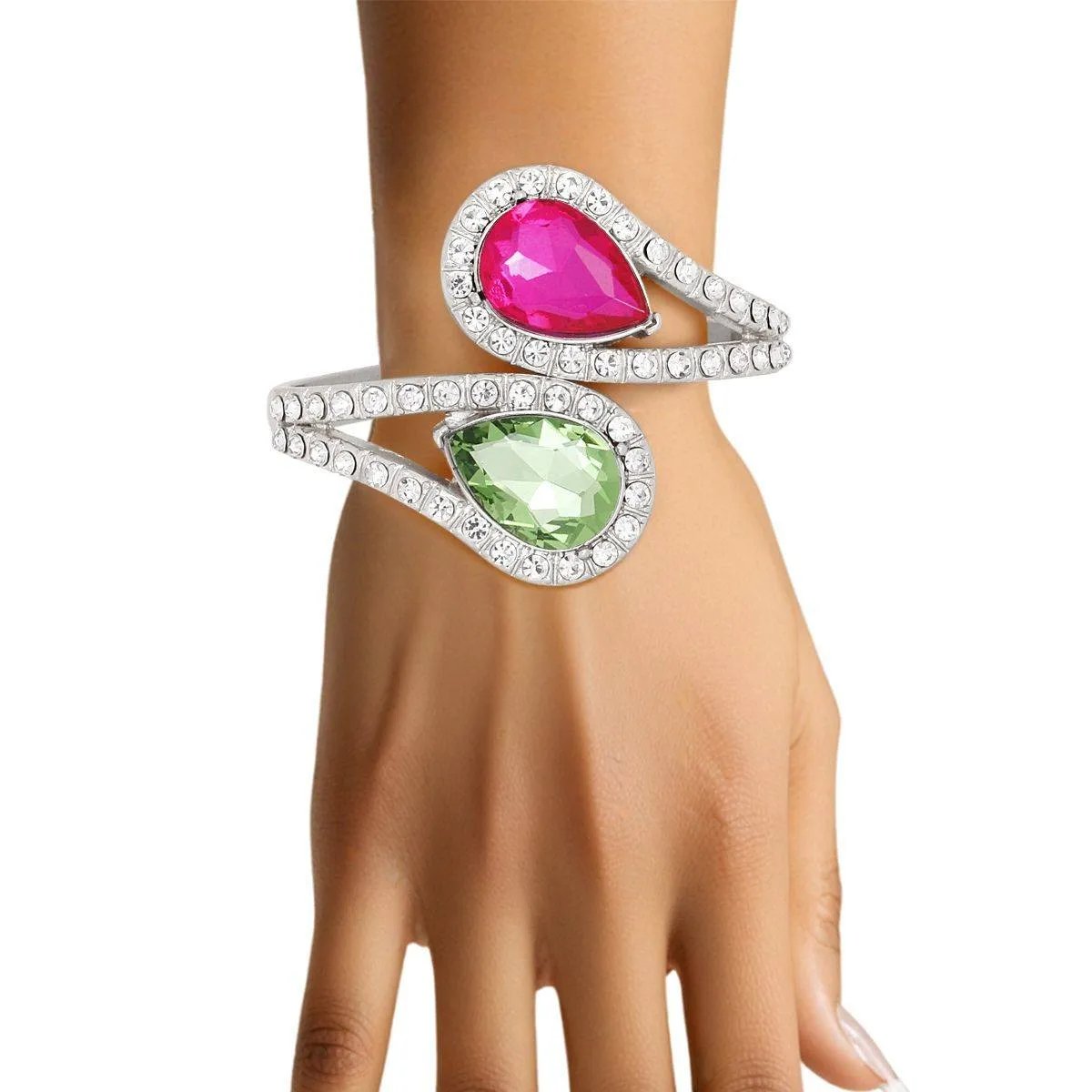 Pink and Green Teardrop Crystal Cuff Bracelet – Silver Tone, Rhinestone Detail, Lead & Nickel Free