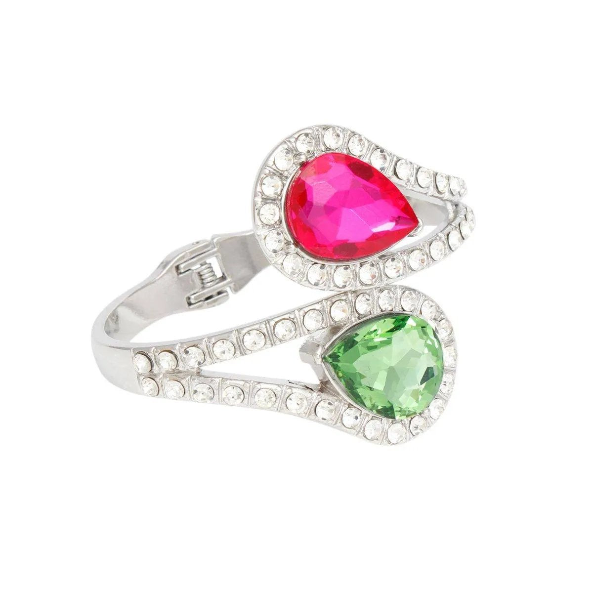 Pink and Green Teardrop Crystal Cuff Bracelet – Silver Tone, Rhinestone Detail, Lead & Nickel Free