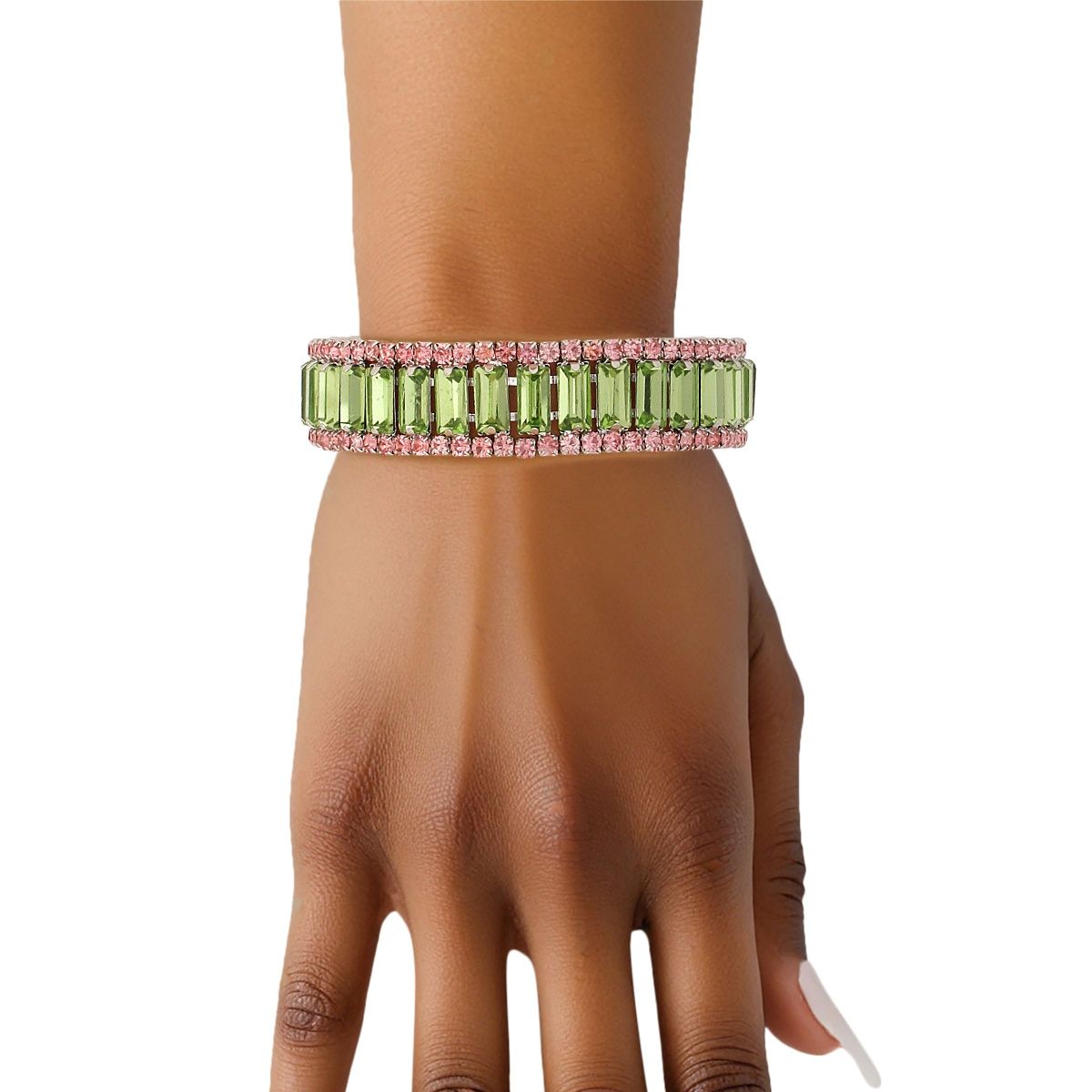 Green Baguette Tennis Bracelet Pink Rhinestones | Fashion Jewelry