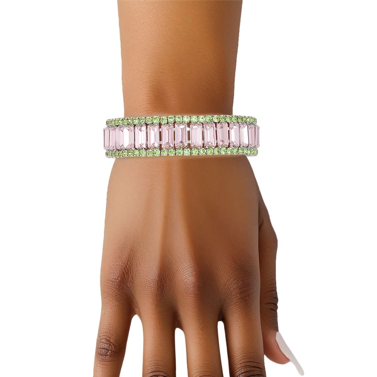Pink Baguette Tennis Bracelet Green Rhinestones | Fashion Jewelry