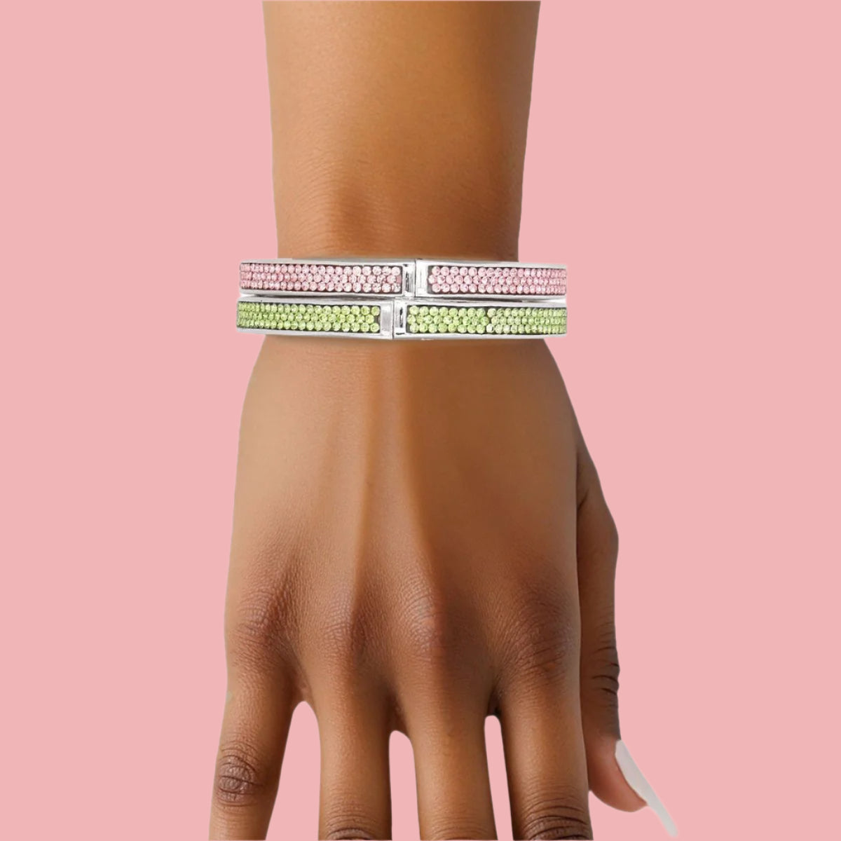 Pink and Green Rhinestone Bangles – 2-Piece Set Pinktown