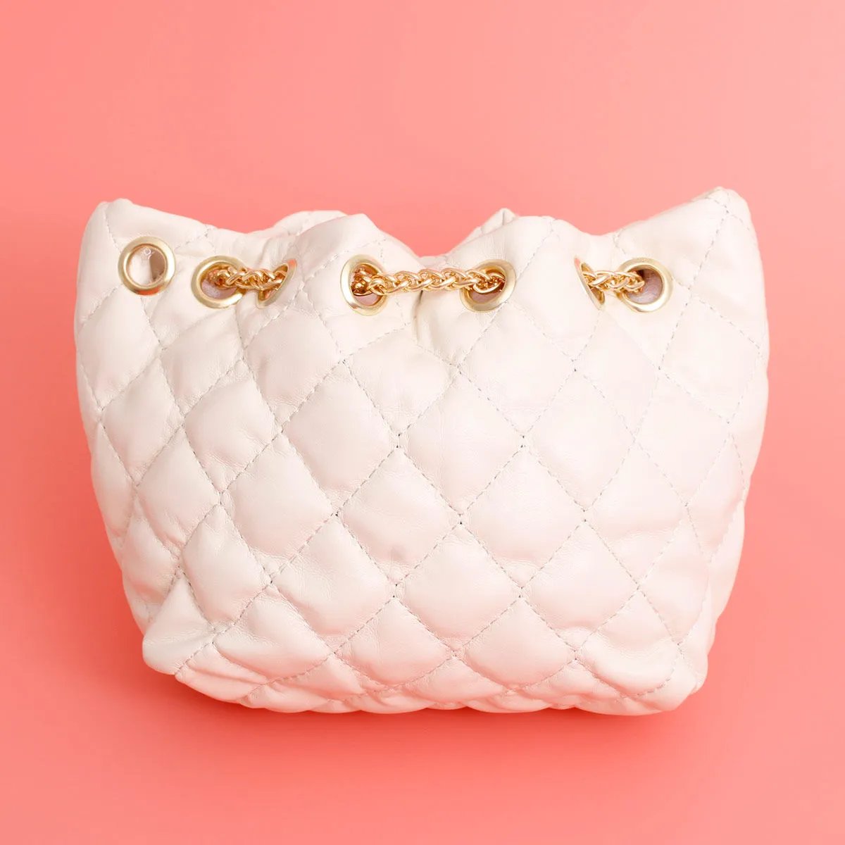 White Quilted Vegan Faux Leather Bag with Parisian-Inspired Charms
