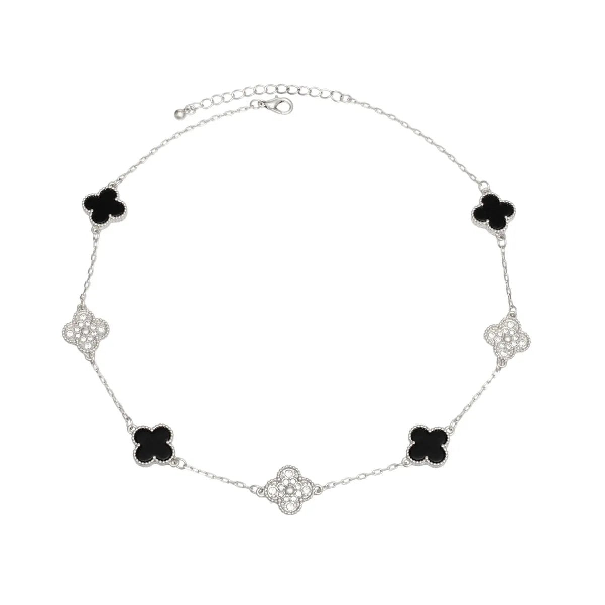 Black Clover Necklace Silver Station Pendant with Black Epoxy & Rhinestones
