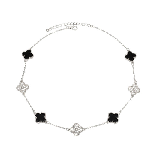 Black Clover Necklace Silver Station Pendant with Black Epoxy & Rhinestones Pinktown