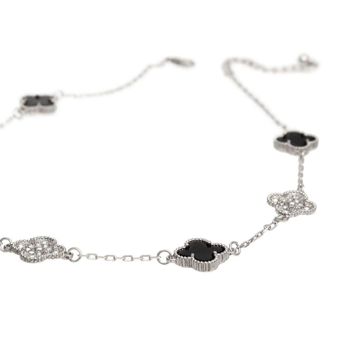 Black Clover Necklace Silver Station Pendant with Black Epoxy & Rhinestones