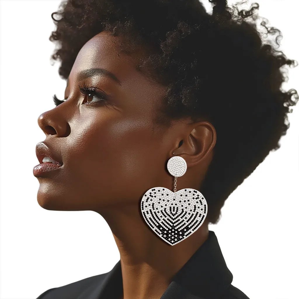 White and Black Rhinestone Heart Dangle Earrings with Sparkly Embellishments and Felt Backing