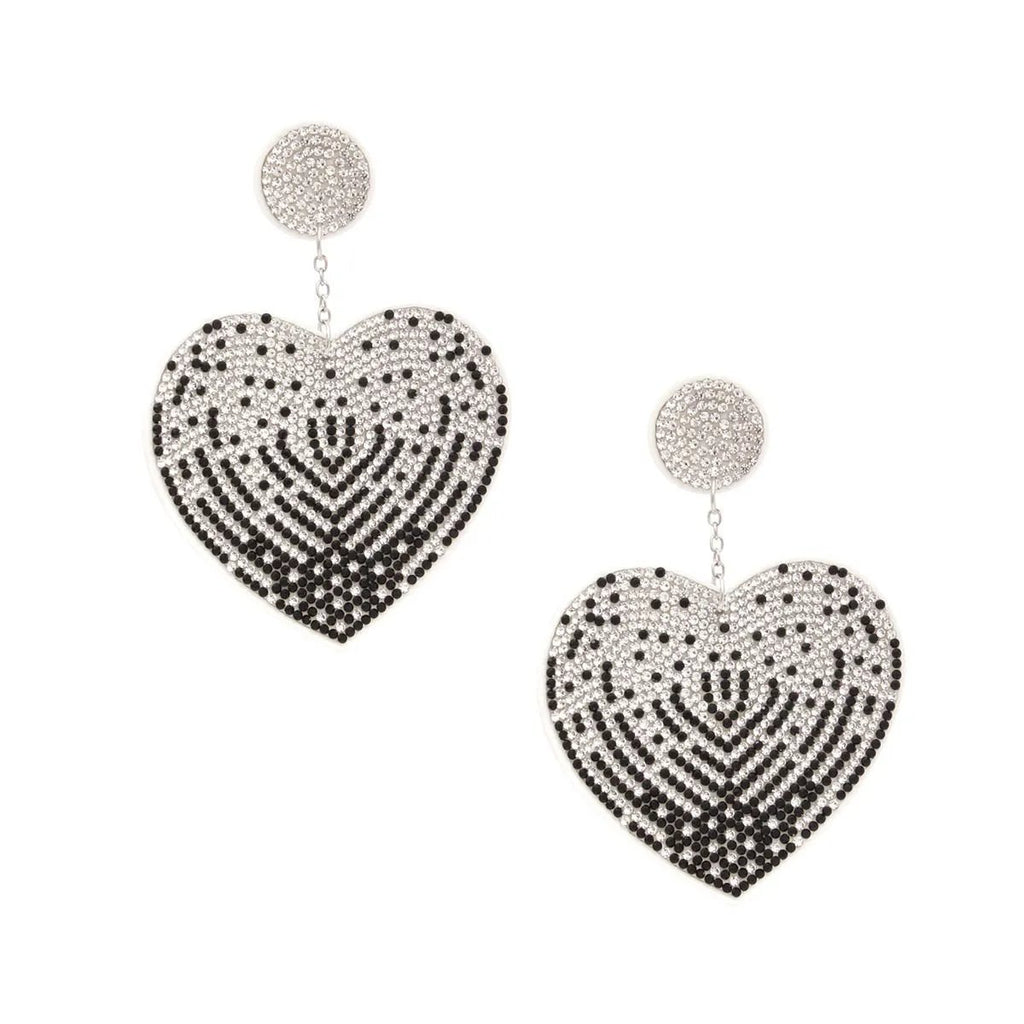 White and Black Rhinestone Heart Dangle Earrings with Sparkly Embellishments and Felt Backing
