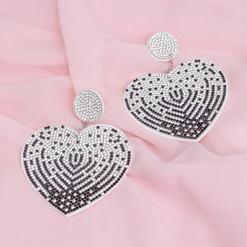 White and Black Rhinestone Heart Dangle Earrings with Sparkly Embellishments and Felt Backing