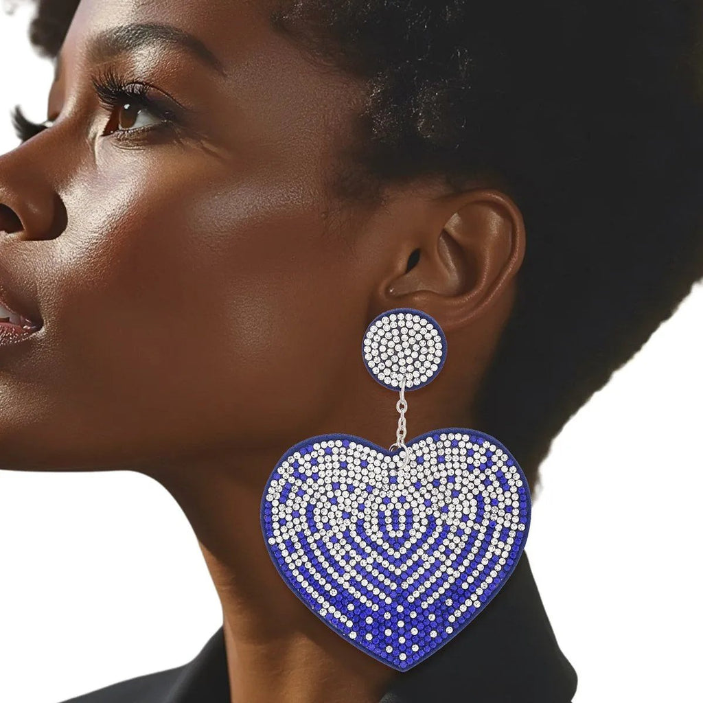 Blue Rhinestone Heart Dangle Earrings with Sparkly Embellishments and Felt Backing
