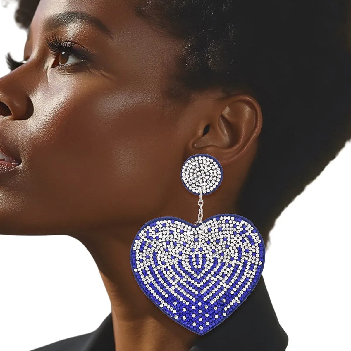 Blue Rhinestone Heart Dangle Earrings with Sparkly Embellishments and Felt Backing