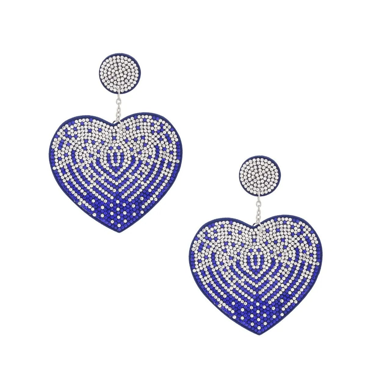 Blue Rhinestone Heart Dangle Earrings with Sparkly Embellishments and Felt Backing