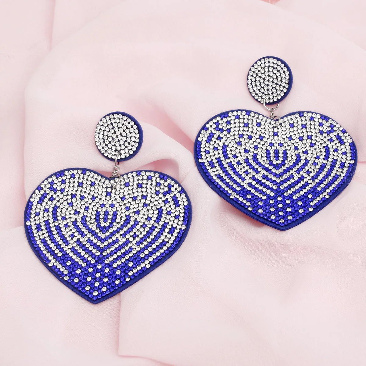 Blue Rhinestone Heart Dangle Earrings with Sparkly Embellishments and Felt Backing