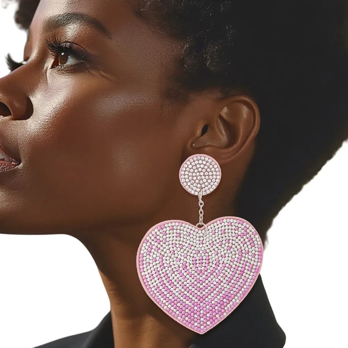 Pink Rhinestone Heart Dangle Earrings with Sparkly Embellishments and Felt Backing