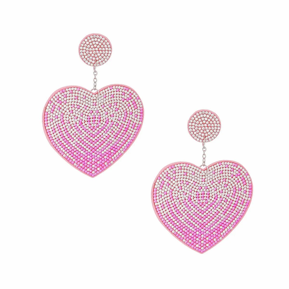 Pink Rhinestone Heart Dangle Earrings with Sparkly Embellishments and Felt Backing