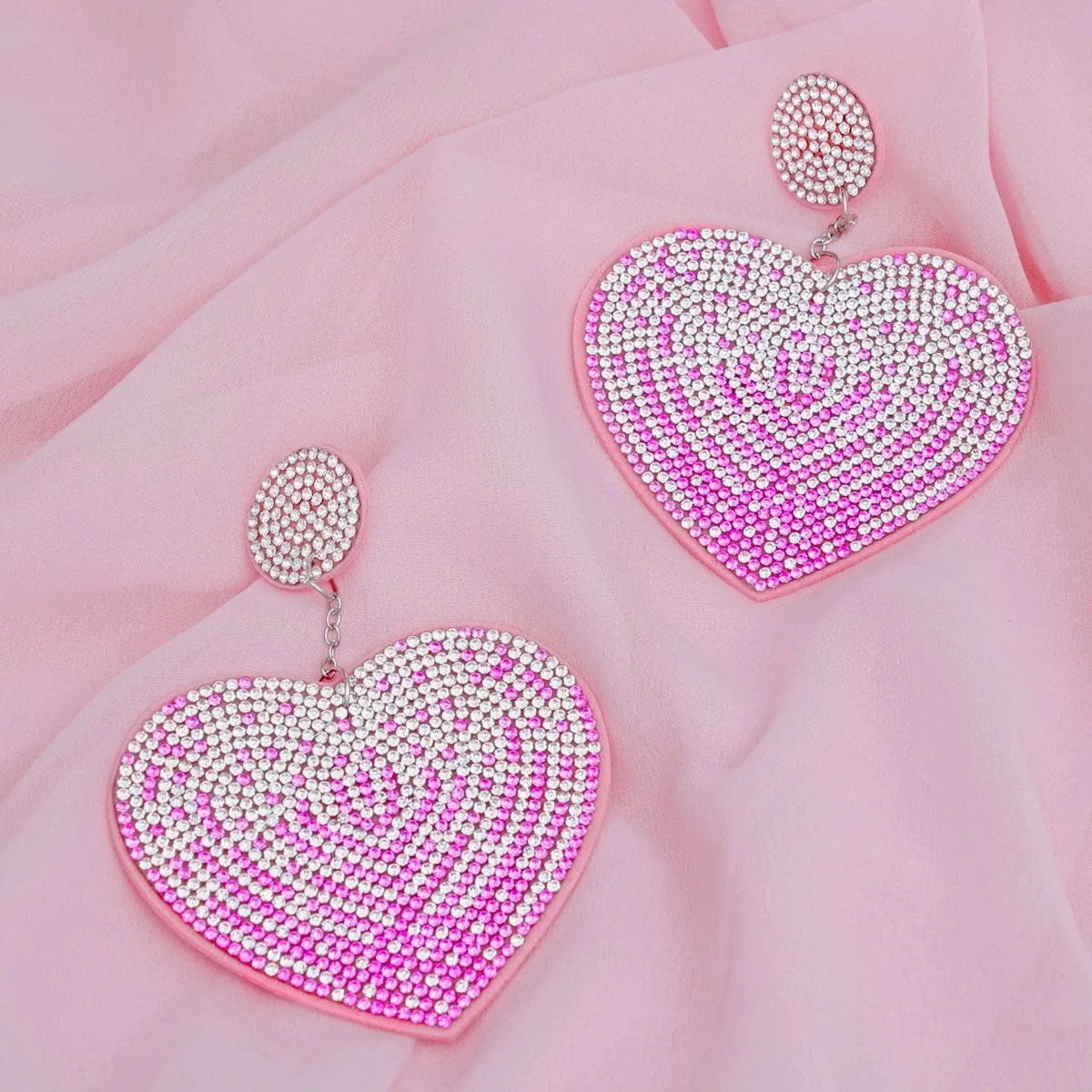 Pink Rhinestone Heart Dangle Earrings with Sparkly Embellishments and Felt Backing