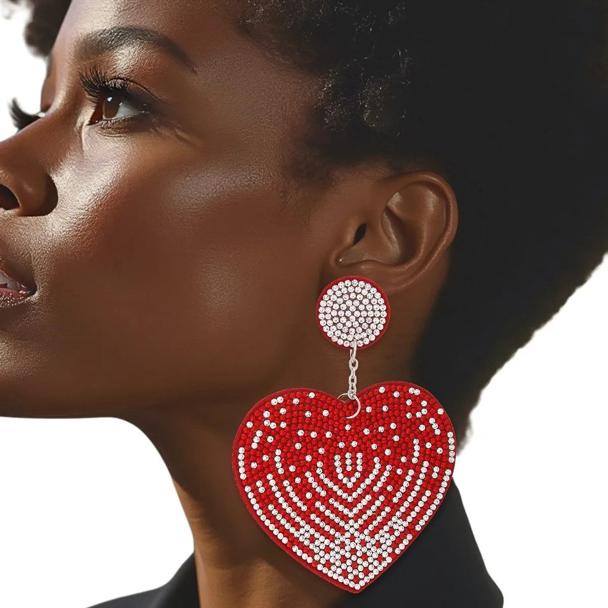 Red Rhinestone Heart Dangle Earrings with Sparkly Embellishments and Felt Backing