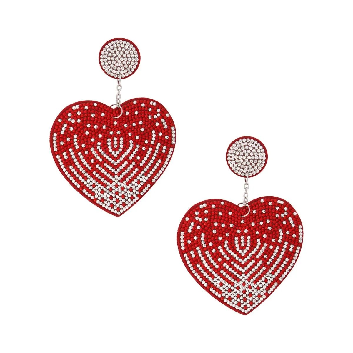 Red Rhinestone Heart Dangle Earrings with Sparkly Embellishments and Felt Backing