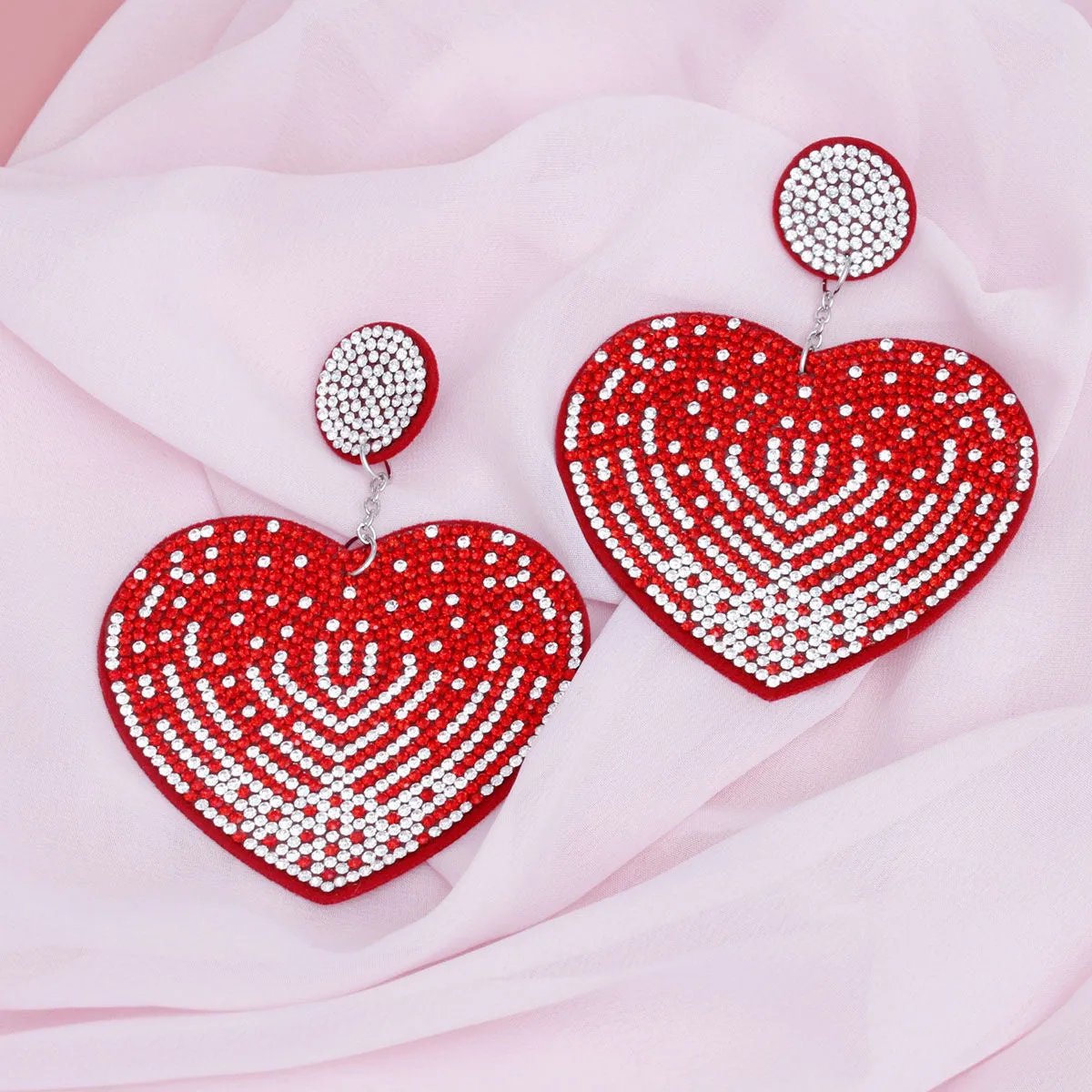 Red Rhinestone Heart Dangle Earrings with Sparkly Embellishments and Felt Backing