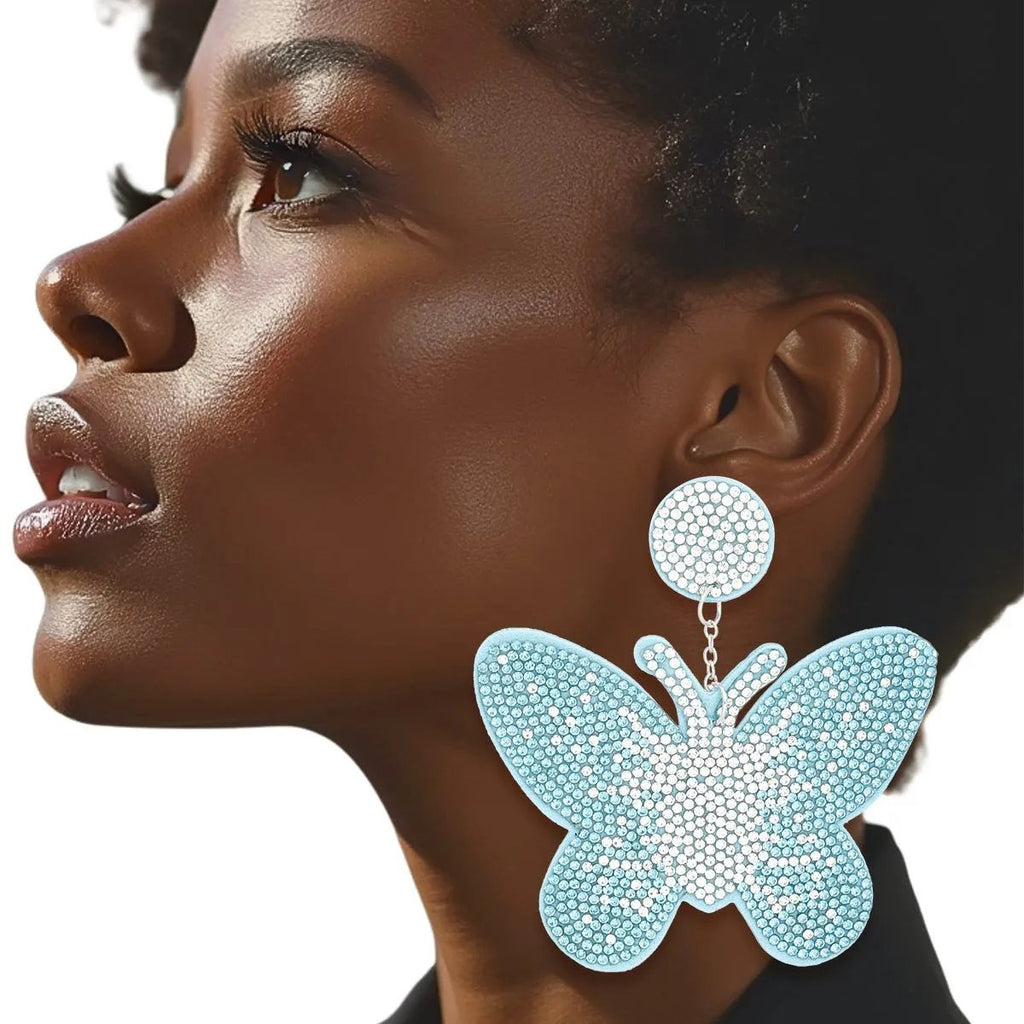 Aqua Blue Butterfly Drop Earrings – Rhinestone Statement Jewelry