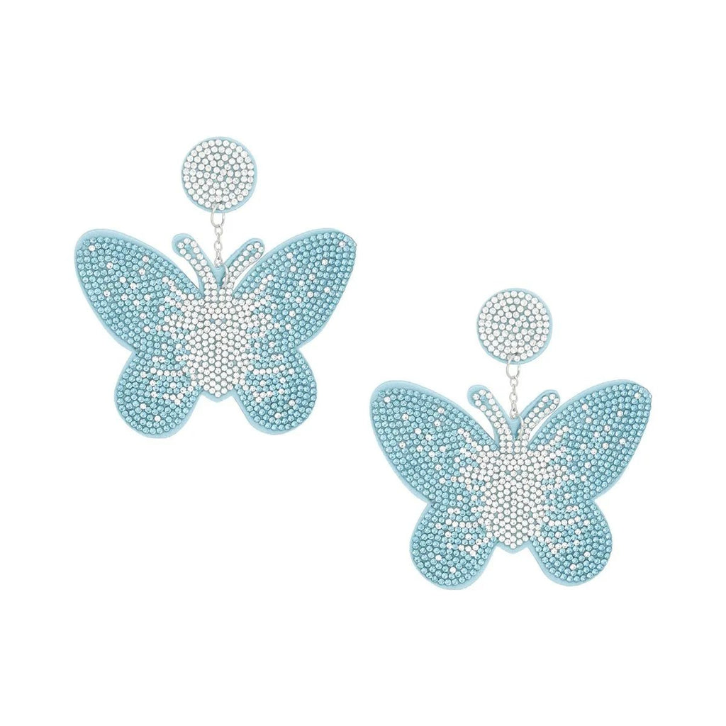 Aqua Blue Butterfly Drop Earrings – Rhinestone Statement Jewelry