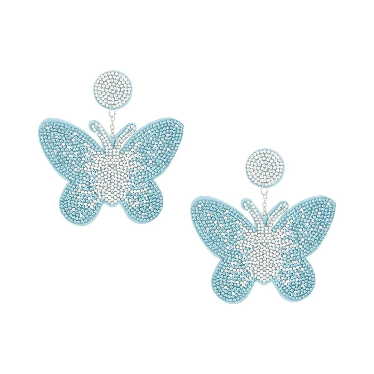 Aqua Blue Butterfly Drop Earrings – Rhinestone Statement Jewelry