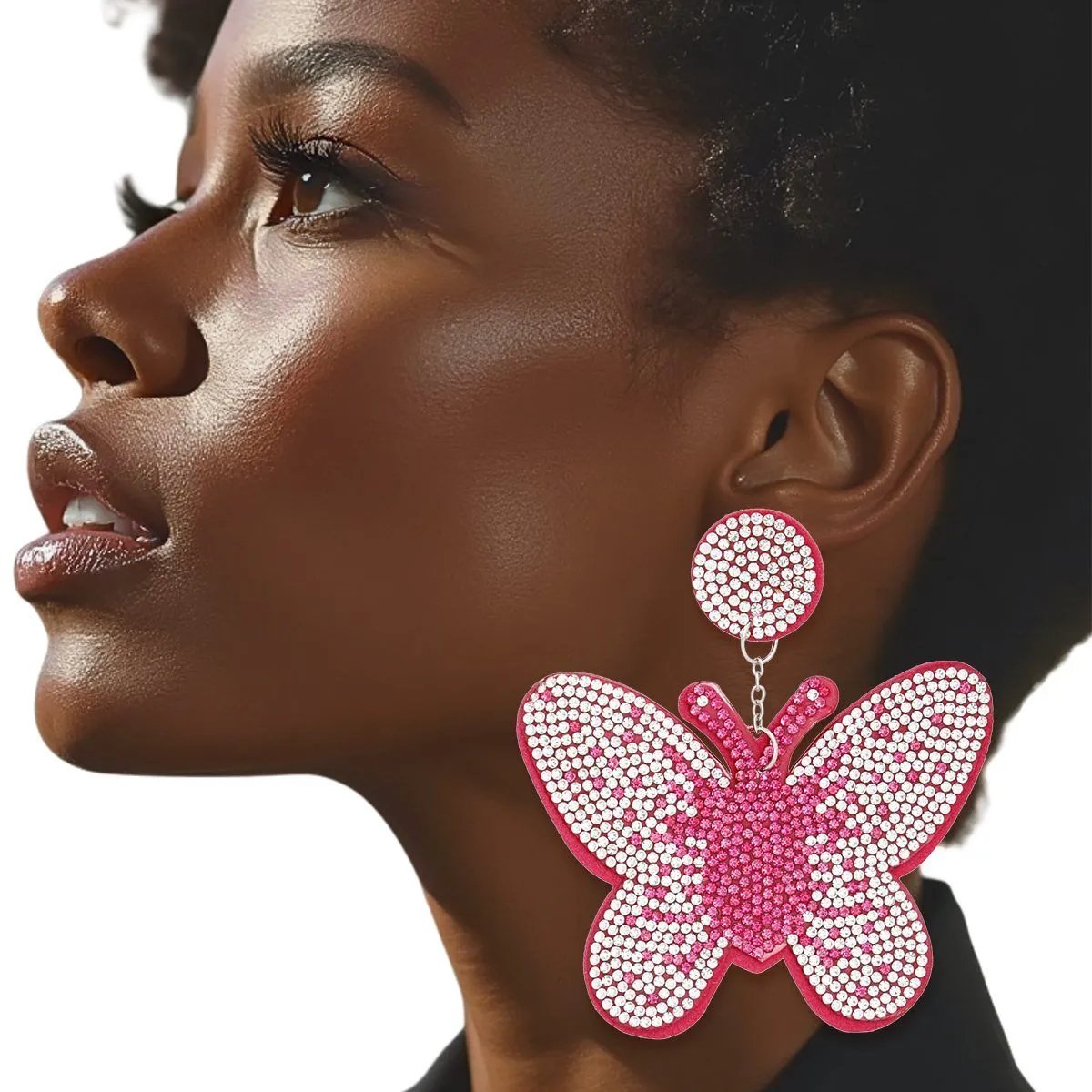 Sparkling Fuchsia Butterfly Earrings with Rhinestone Detailing