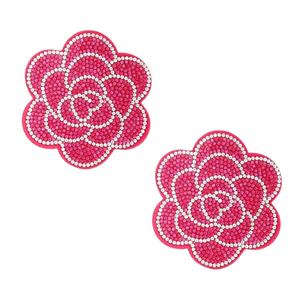 Dazzling Fuchsia Pink Flower Statement Stud Earrings with Clear & Pink Rhinestone Detail