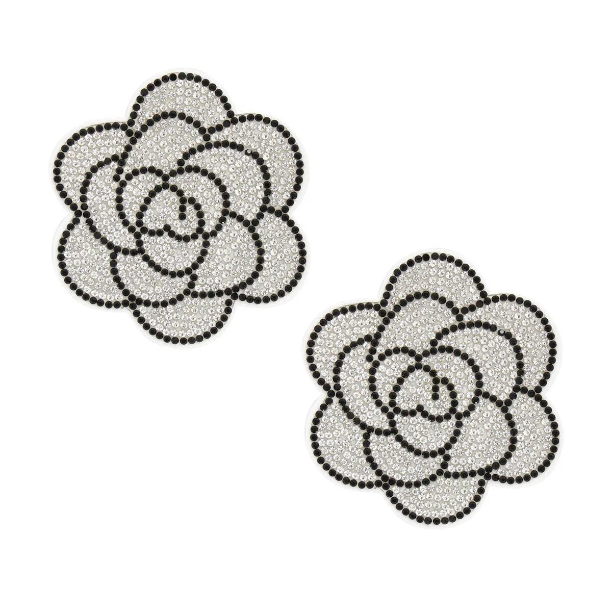 Exquisite White Fabric Flower Stud Earrings with Clear & Black Rhinestone Pattern